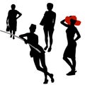 Four silhouettes of women of different ages. A silhouette in a red hat dress stands sideways. Aged woman leaves. Girl with a bag o